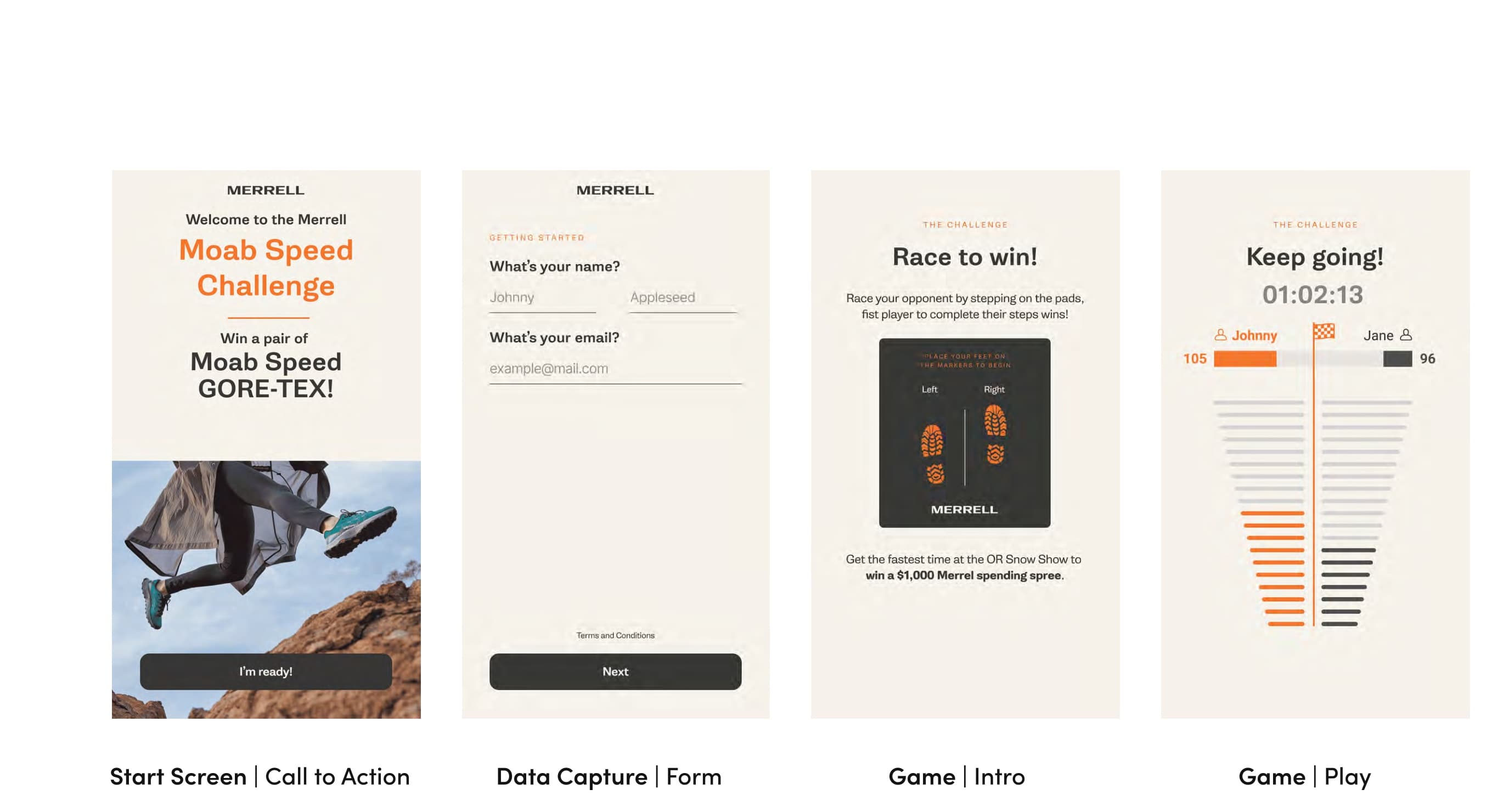 Merrell Speed Challenge UI flow — welcome, data capture, game intro, gameplay