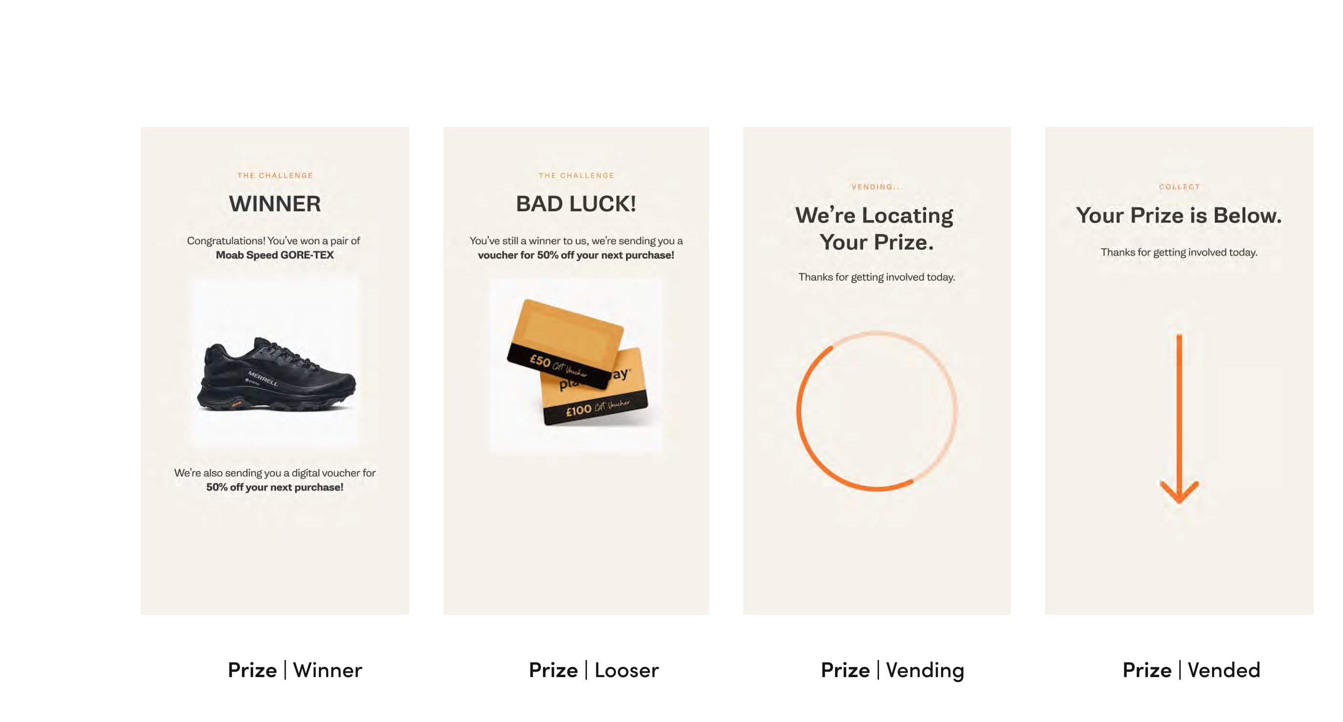 Merrell Speed Challenge prize flow — winner, runner-up, vending, reward